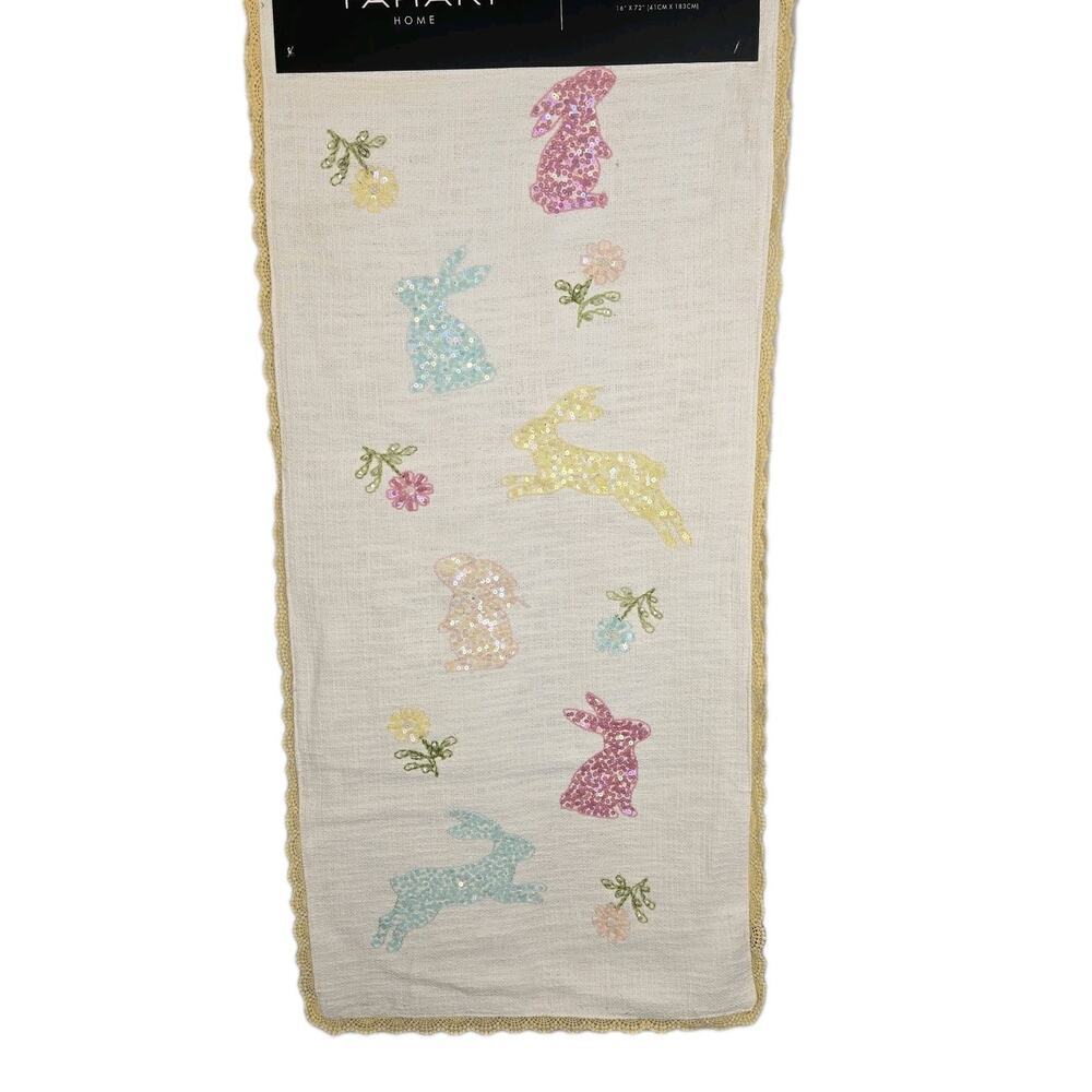 Tahari Sequined Bunny Table Runner 16x72" Sequined Crochet Border NEW Cottage